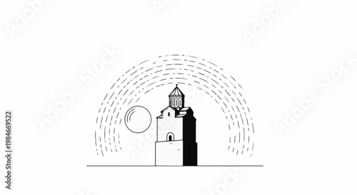 Stylized tower with dome, globe, and radiating lines on a simple ground line