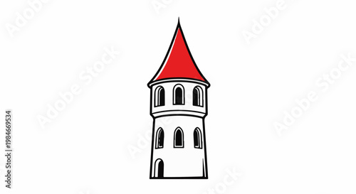 Stylized tower with a red conical roof and arched windows