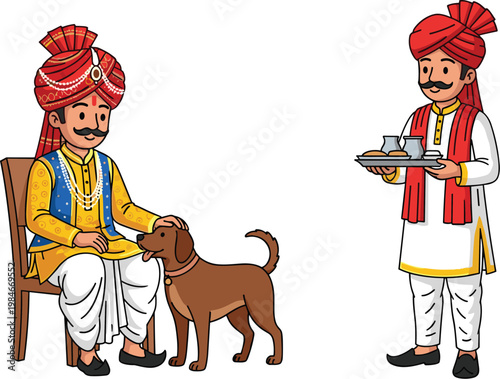 Traditional Indian man character set with turban sitting with dog and serving tea vector illustration
