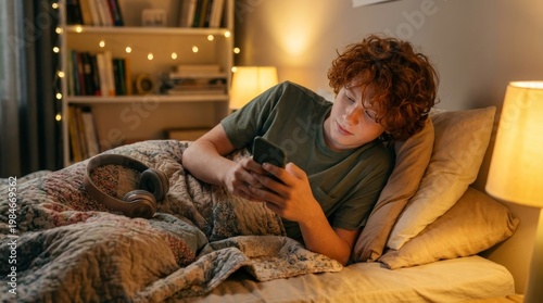 Teen Boy Lying in Bed Using a Smart Phone Device