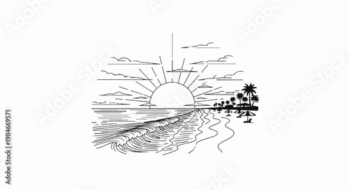 Stylized sunset over ocean waves and tropical beach with palm trees and umbrellas