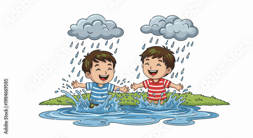 Two boys joyfully play in puddles during a rain shower