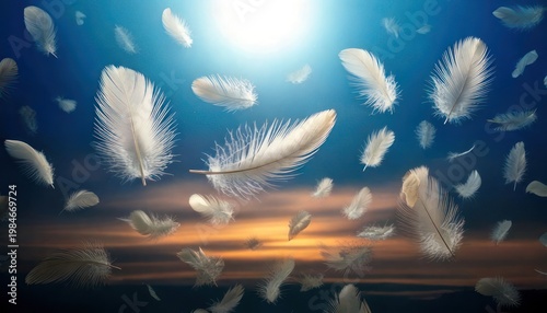 Feathers Floating in a Dreamy Sky - A Serene and Ethereal Scene.