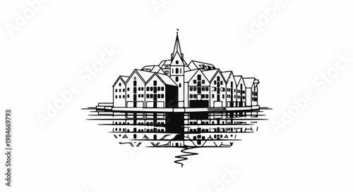 Stylized sketch of waterfront buildings with reflection