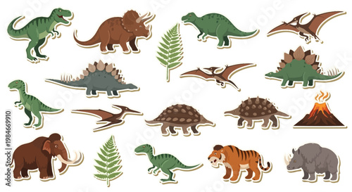 Collection of cute cartoon dinosaur stickers and prehistoric animal figures