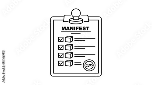 Manifest Document Vector Icon: A Minimalist Black Line Illustration on a White Background Representing a Shipping Manifest on a Clipboard with Checkboxes, Package Boxes, and a Stamp Seal.