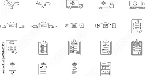 Logistics and Shipping Vector Icon Set: 19 Minimalist Black Line Icons featuring Cold Chain Trucks, Air Freight, Dropshipping, Cross-docking, Warehouse Inventory, Manifests, and Proof of Delivery.