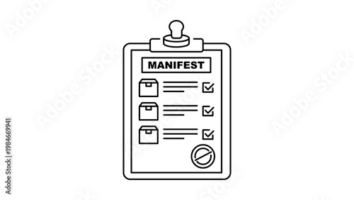 Minimalist black line vector icon of a shipping manifest document on a clipboard with boxes, checkmarks, and a stamp, representing logistics, delivery, inventory, and supply chain management.