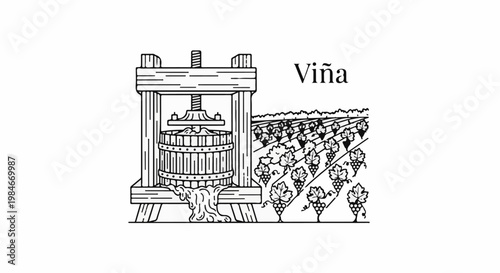 Traditional grape press in a vineyard with the word "Viña" above