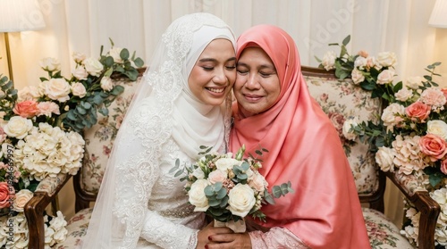 Bride Embracing Mother with Flowers on Settee Close Together