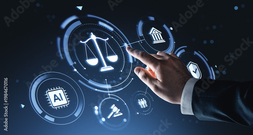 Bilde på lerret Digital justice interface with hand touching futuristic legal icons and technology symbols on a dark background illustrating modern law concept