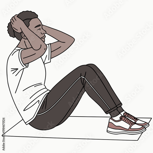 A man performing a situp exercise on a mat wearing a white tshirt and sneakers
