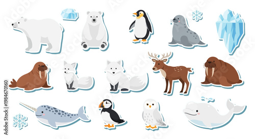 Set of cute arctic animals including polar bear penguin walrus narwhal and snowy owl in cartoon style