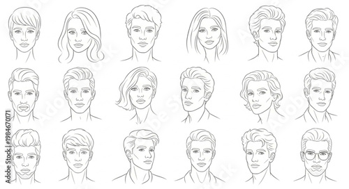 Collection of hand drawn faces showing various emotions and expressions.