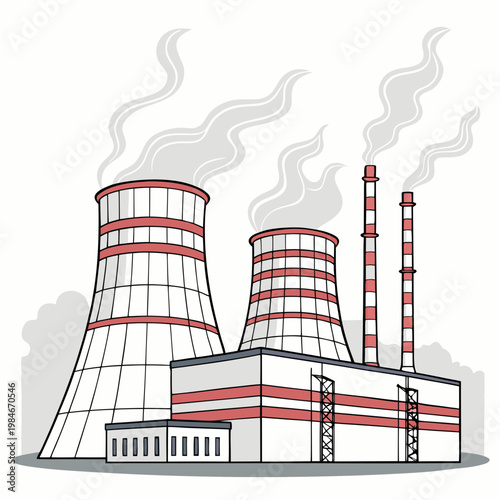 A nuclear power plant with cooling towers and smokestacks emitting steam and smoke