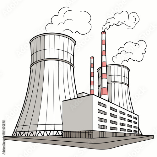 A cartoon illustration of a nuclear power plant with cooling towers and smokestacks emitting smoke