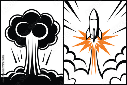 Missile explosion vector, illustration, high impact design featuring mushroom cloud silhouette and dynamic explosive sparks with smoke clouds for dramatic military themed graphics.