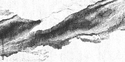 Abstract monochrome textured landscape with stippled mountain range and vertical lines
