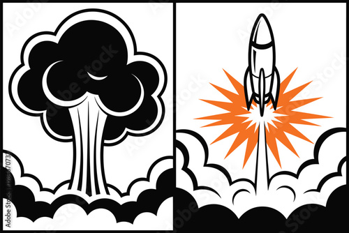 Missile explosion vector, illustration, bold composition with black mushroom cloud and fiery impact sparks with billowing smoke for action, danger, and dramatic scene design.