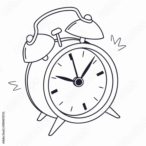 A black and white line drawing of an alarm clock ringing loudly