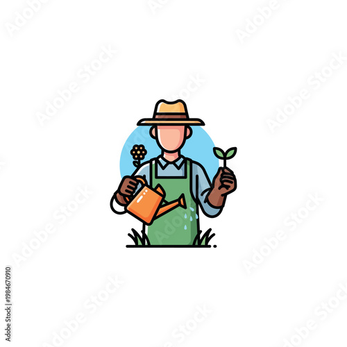 Cartoon gardener holding watering can.