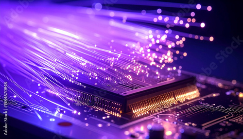 Futuristic photonic chip with glowing fiber optic light trails