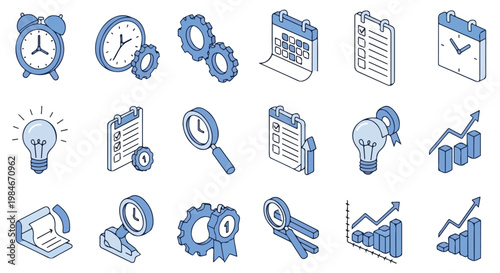 A set of isometric blue line-art icons representing time management, business productivity, data analysis, and creative thinking on a white background.