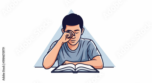 Tired student rubs eyes while studying an open book under a triangle