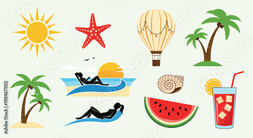 Vibrant summer vacation themed illustration collection featuring sun, starfish, palm trees, beach activities, and tropical drinks.