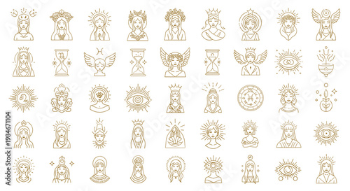Extensive collection of golden mystical celestial icons featuring goddesses, suns, moons, eyes, and esoteric symbols in line art style.