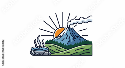 Stylized volcanic mountain with sun, steam, and hot spring spa