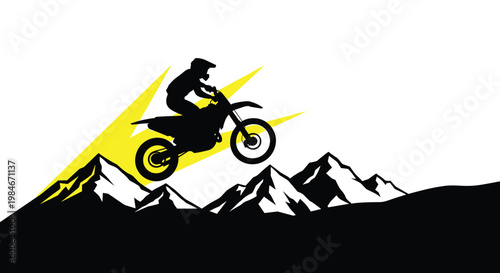 Black silhouette of a motocross rider performing a high jump over mountain peaks with yellow speed effects on white background.