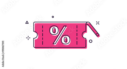 Bright pink discount coupon or ticket with percentage symbol and decorative geometric elements, flat style vector illustration.