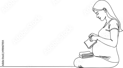 Continuous one line of a pregnant woman folding baby blankets, nesting maternal activity vector concept symbolizing preparation and care, mother's day, and love.