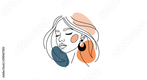 Modern abstract line art portrait of a woman with large earrings and colorful organic background shapes in terracotta and blue.