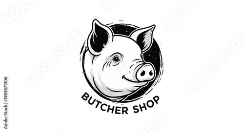 Vintage style emblem for a local butcher shop featuring a smiling pig head illustration inside a circle on white background.