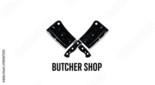 Retro style butcher shop logo featuring two crossed meat cleavers in black and white silhouette on a clean white background.