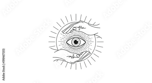Mystical line art illustration of an eye being protected by two hands within a circular frame of radiating light rays.