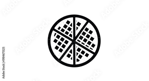 Monochrome vector illustration of a round pizza cut into six slices with various delicious toppings on a white background.
