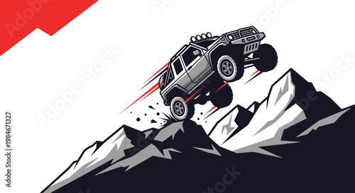 Dynamic vector illustration of a gray off-road vehicle driving up a steep rocky mountain peak against a white background.