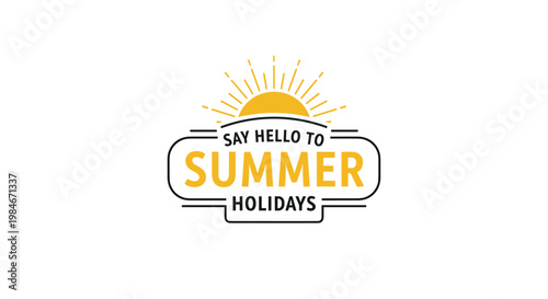 Bright yellow and black summer holiday greeting badge with sun rays and stylized greeting text box on a white background.
