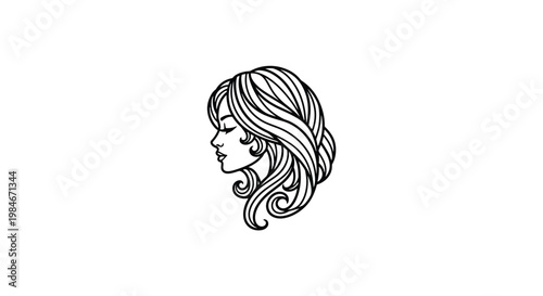 Elegant line art profile of a young woman with long wavy hair isolated on a clean white background for beauty branding.