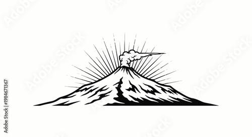 Stylized volcano erupting with smoke and rays of light