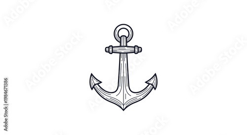 Detailed black and white vector illustration of a traditional nautical anchor with a wooden crossbar on white background.