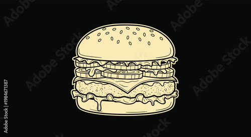 Detailed monochrome illustration of a large multi-layered cheeseburger with fresh ingredients on a black background.