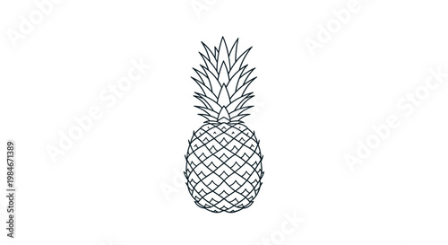 Clean black and white line art illustration of a whole tropical pineapple with its prickly skin and leafy top part.