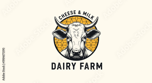 Vintage style dairy farm logo featuring a detailed cow head against a yellow honeycomb pattern circular background.