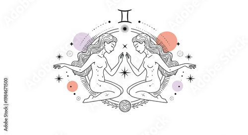 Gemini zodiac sign illustration depicting twin women in a symmetrical celestial design with cosmic elements and moon symbols.