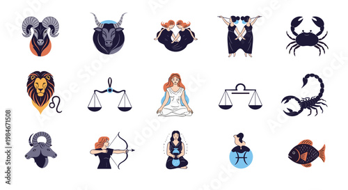 Full set of twelve zodiac signs illustrated in a modern and colorful graphic style isolated on a clean white background.