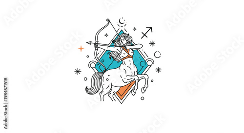 Sagittarius zodiac sign portrayed as a female centaur archer aiming her bow within a geometric mystical frame and stars.